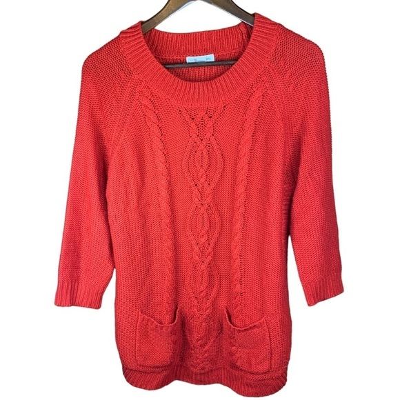 Red Cable Knit Tunic Sweater Size L Round Neck Front Pockets JohnPaulRichard - Picture 9 of 9